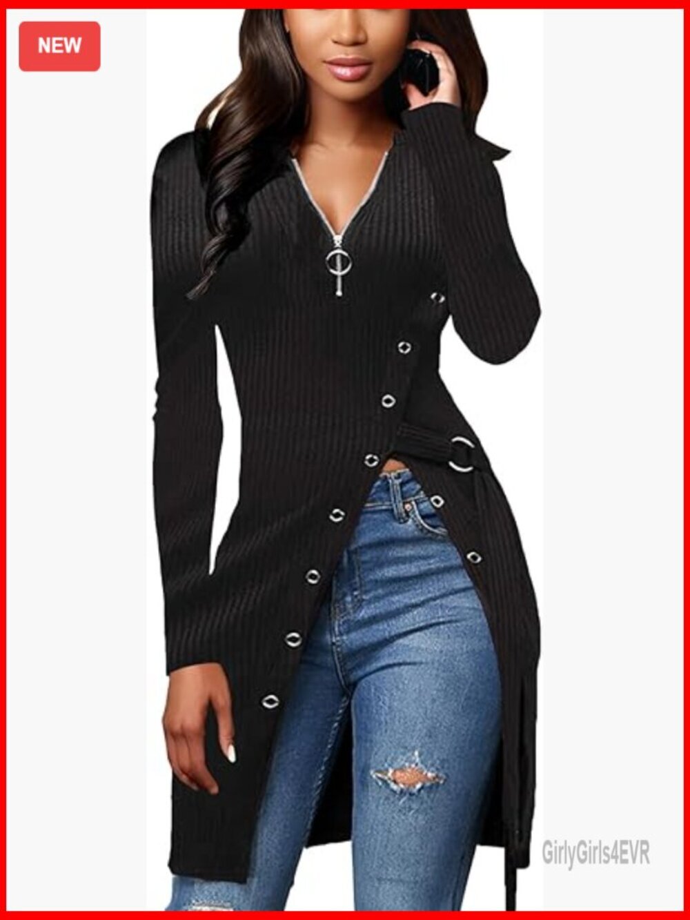 Long Sleeve Ribbed Zip Up Asymmetrical Split Hem Tunic Top